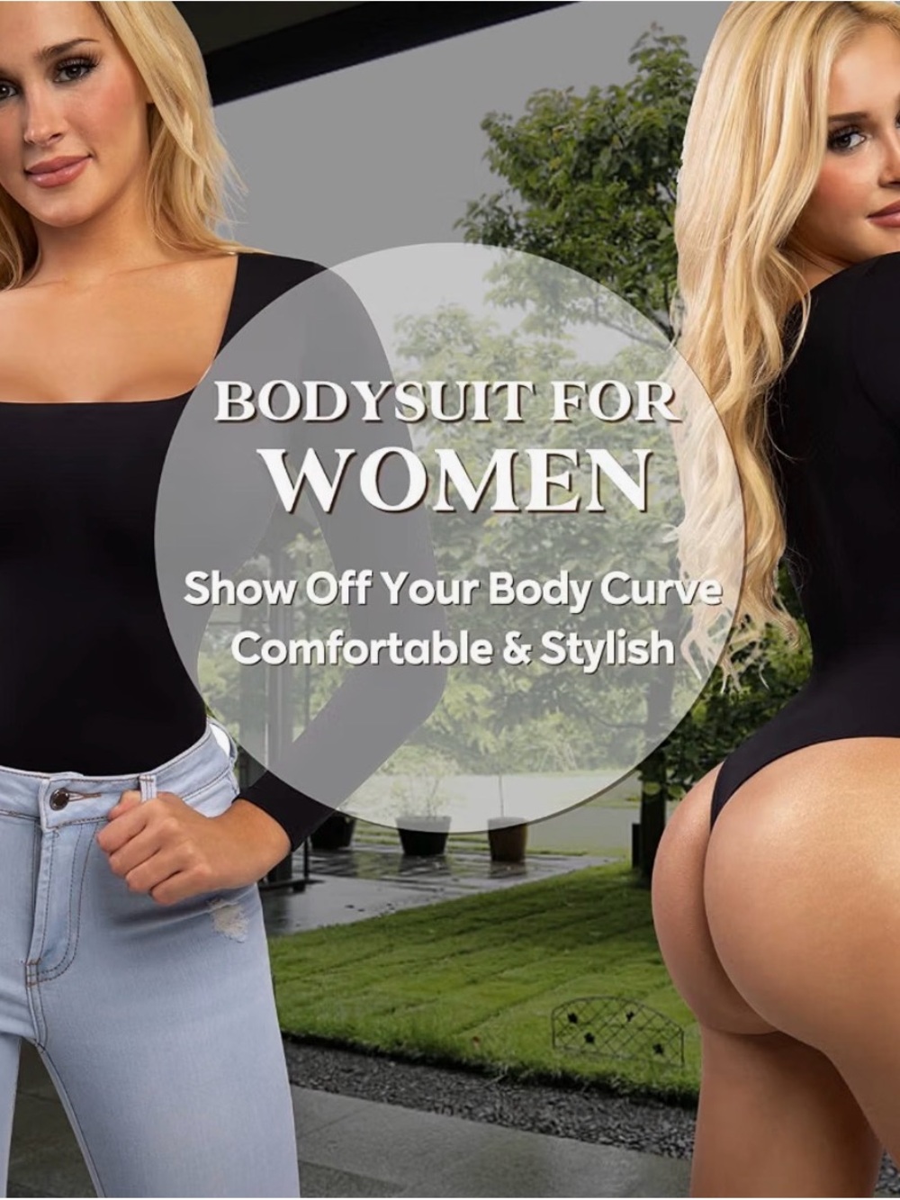 Women's Black Long-Sleeve Scoop Neck Bodysuit